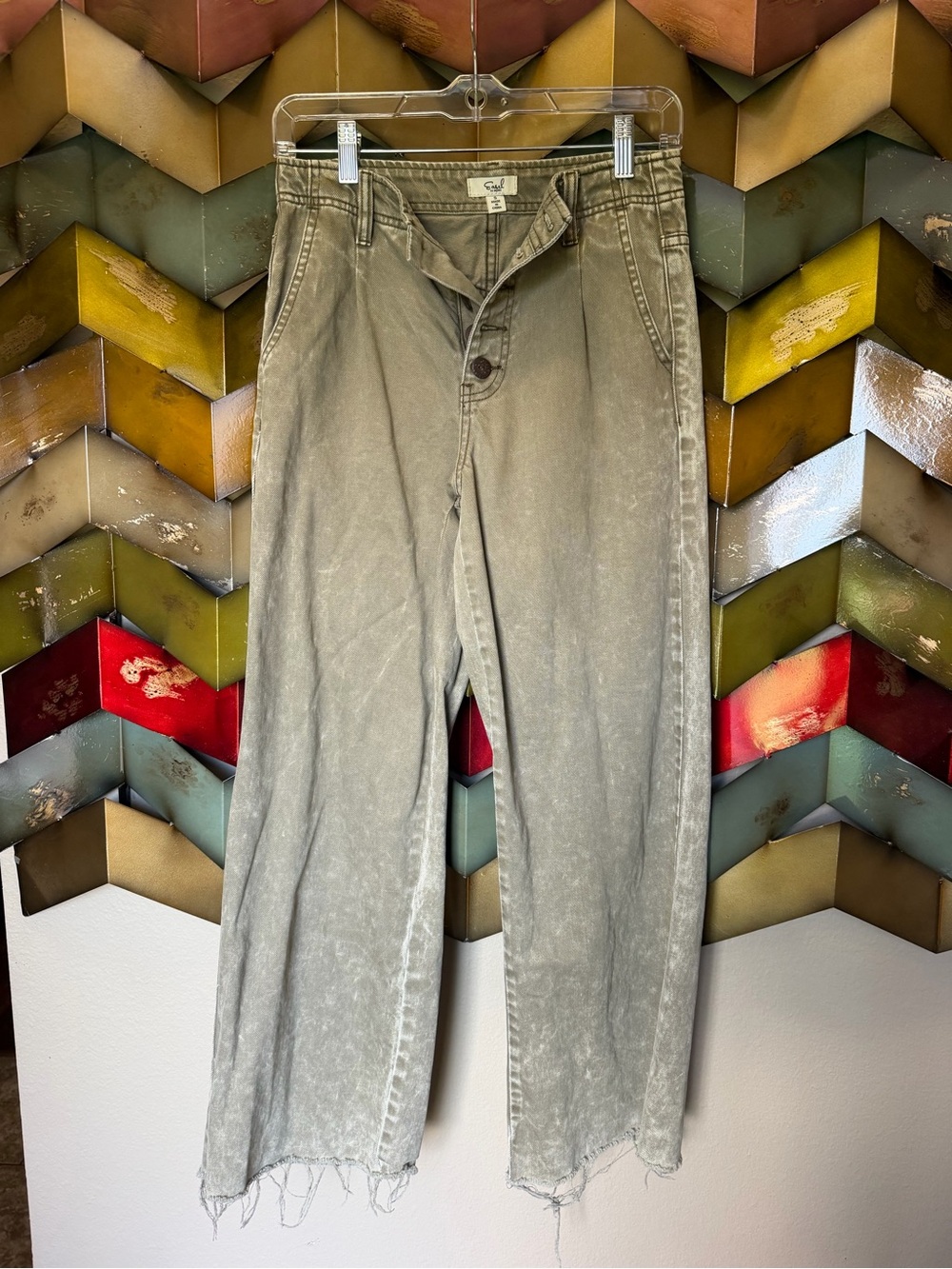 easel Olive Green Wide Leg Pants with Frayed Hem